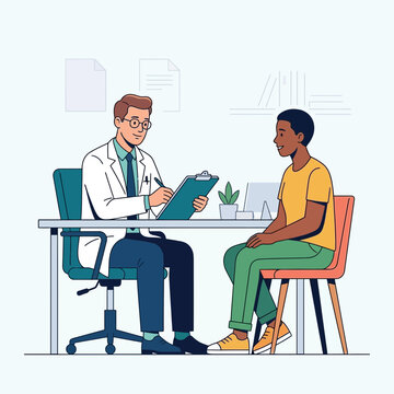 Doctor consults with young Black male patient in modern clinic office, vector illustration