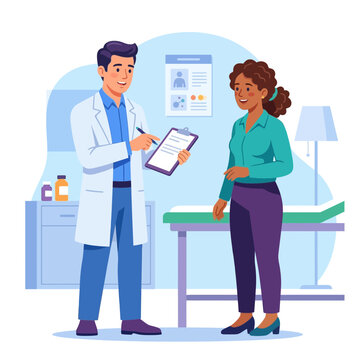 Doctor discussing medical results with a female patient in a consultation room, flat vector illustration.