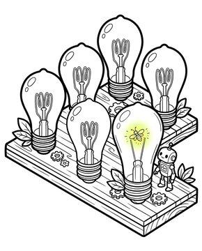 Isometric Visual Discrimination Worksheet for Kids Innovative Robot with Glowing Light Bulb Illustration 3D Shape Matching and Visual Perception Activity Printable Visual Comparison Puzzle