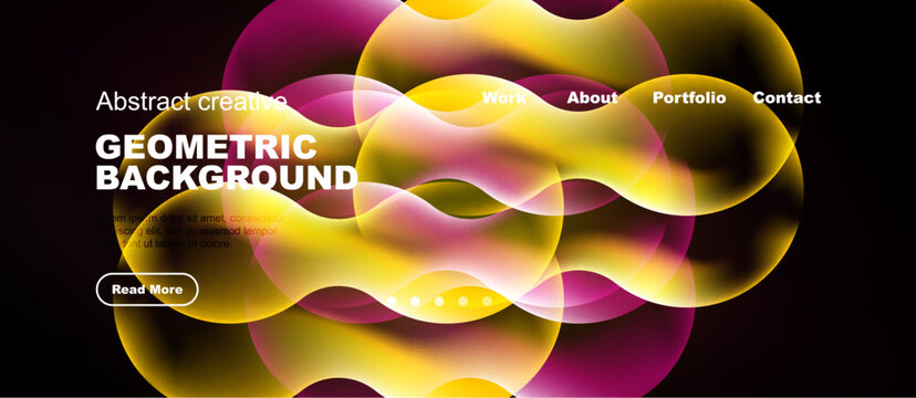 Abstract design features vibrant overlapping shapes. Dark background highlights bright yellow, magenta hues. Navigation menu present.