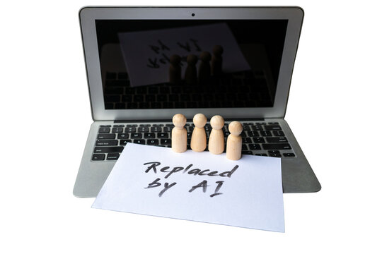 Wooden Figures With Sign Replaced By AI On Laptop. Isolated on transparent background.