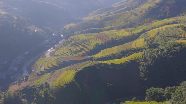 Aerial view of golden rice terraces at Mu Cang Chai town near Sapa city, North of Vietnam. Beautiful terraced rice field in harvest season in Lao Cai province.
