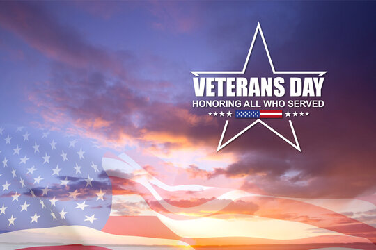 Veterans Day Background Design. USA flags against the sunset. Thank You, Veterans! Honoring All Who Served
