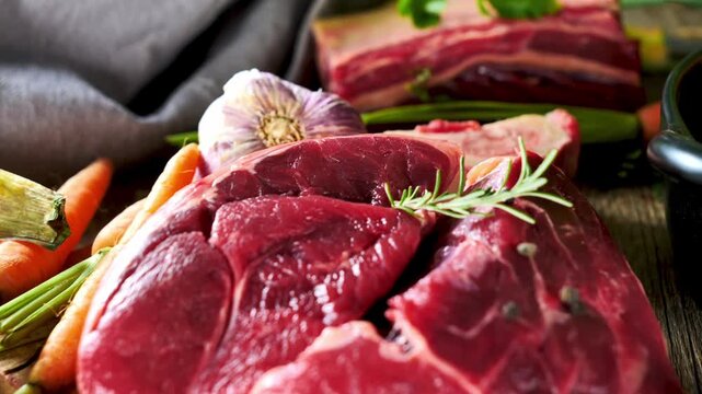 Raw beef meat chunks with fresh vegetables garlic and rosemary for pot au feu stew on wooden table