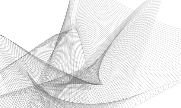 Abstract architectural wireframe structure with complex curving line art on a white background