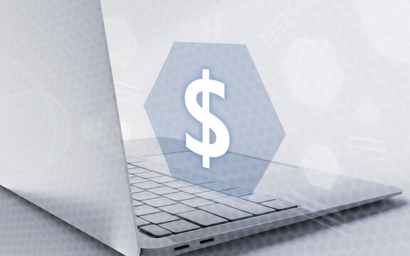 Imagen conceptual de una aplicaci&oacute;n inform&aacute;tica financiera con un ordenador port&aacute;til y un s&iacute;mbolo de d&oacute;lar flotando en un hex&aacute;gono tecnol&oacute;gico digital brillante.