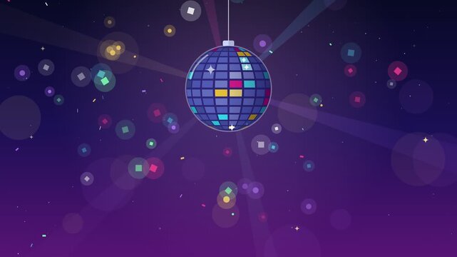Seamless looping flat vector New Year disco ball spinning with colorful light beams, mirror reflections, falling glitter and sparkling stars on a deep purple night background, copy space