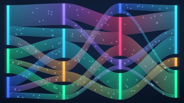 Seamless 4K Loop of a Sankey Diagram with Flowing Ribbons Between Four Columns and Streaming Particles
