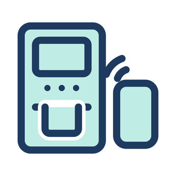 Cardless cash withdrawal flat icon phone tapped beside cash machine