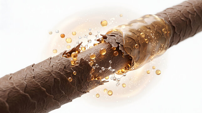 A detailed microscopic illustration of a damaged hair strand undergoing repair by nourishing active ingredients and a golden serum. This visual represents advanced hair care treatments, restoring s...