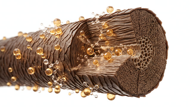 Detailed 3D scientific illustration showcasing the intricate structure of a human hair strand. Golden oil droplets and active molecular compounds penetrate the hair fiber, symbolizing deep nourishm...