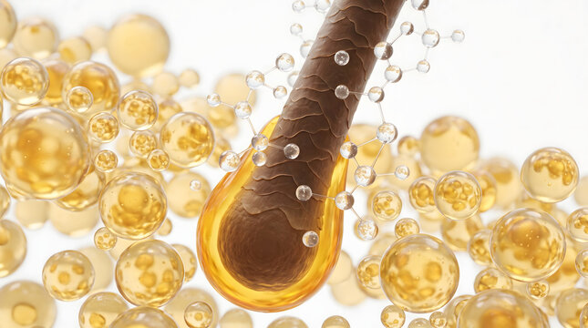 3D render of a hair strand surrounded by molecular structures and golden oil droplets, symbolizing advanced scientific hair care, nourishment, and strengthening. Ideal for beauty product advertisem...