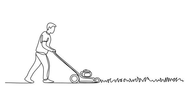 Man pushing a lawn mower to cut the grass in a continuous line drawing style isolated on white background, Vector, illustration