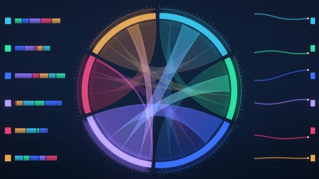 Seamless 4K Loop of a Chord Diagram with Ribbons Between Six Groups and a Focus Walking Round the Ring