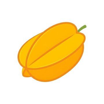 A bright yellow flat vector illustration of a whole starfruit (carambola) with a green stem, isolated on a white background