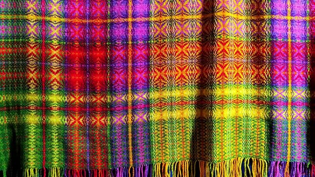 Close-up of a vibrant, multicolored textile with a detailed weave pattern slowly undulating