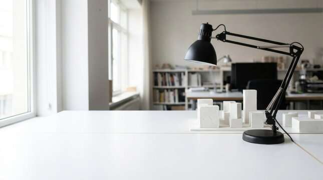 Black task lamp on drafting table in modern architect studio