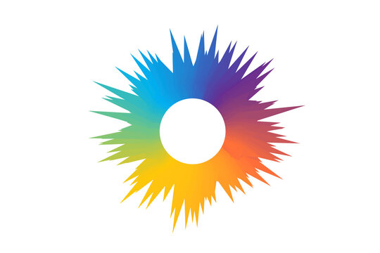 Rainbow gradient spiky starburst circle frame with white copy space on white background. Colorful explosion sun graphic in flat style. Perfect for logo, badge, and modern design projects.