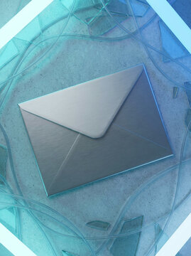 Grey envelope centered on a fractured glass like surface with a network of cracks in cool blue light