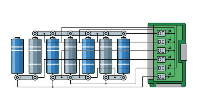 Technical Illustration of a Battery Management System with Connected Energy Cells and Control Module