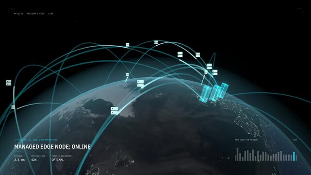 Cyan holographic servers connecting edge computing nodes across planet earth
