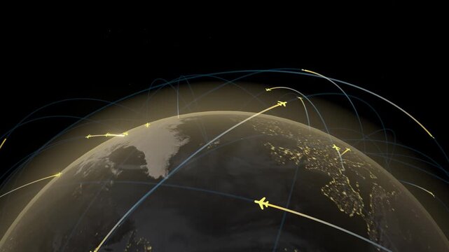 Yellow flight paths connecting cities across spinning planet earth surface