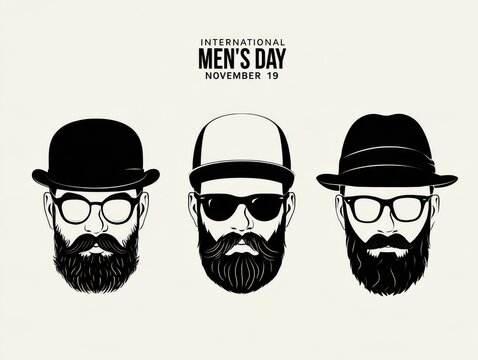 Three bearded men wearing hats and glasses for men's day