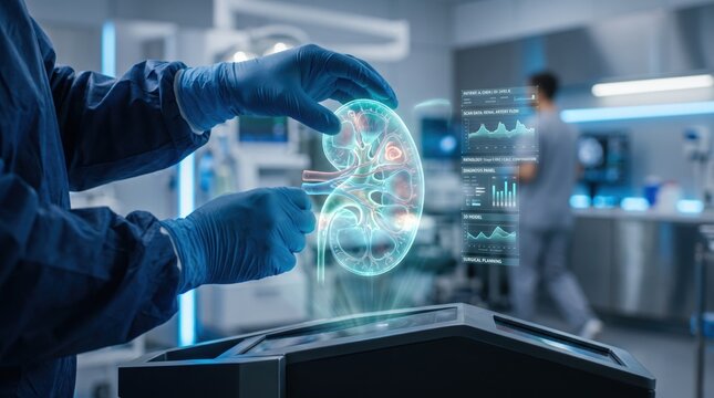 Doctor examining 3D holographic kidney model in modern operating room, medical diagnosis technology, urology surgery planning, advanced healthcare education tool for anatomical