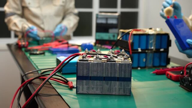Technician in protective gloves tests a large battery pack with