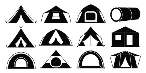 CAMPING tent icon set, outdoor shelter silhouettes, grid layout, adventure travel, hiking, tourism, nature, camping, recreation, wilderness equipment © HALIMA 4