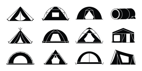 CAMPING tent icon set, outdoor shelter silhouettes, grid layout, adventure travel, hiking, tourism, nature, camping, recreation, wilderness equipment © HALIMA 4