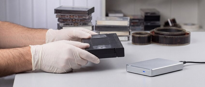 Person in gloves holding a vintage video cassette for digital