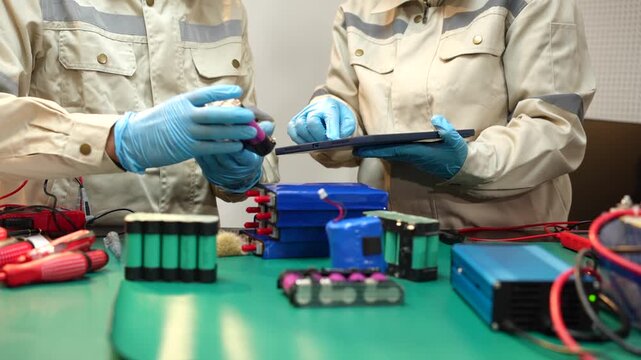 Two technicians wearing protective gloves inspect a battery module