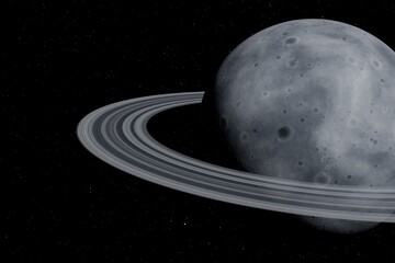 Fictional Cratered Rocky Planet with Dusty Rings, Silver Monochrome Sci-Fi Space Scene © Jerrish