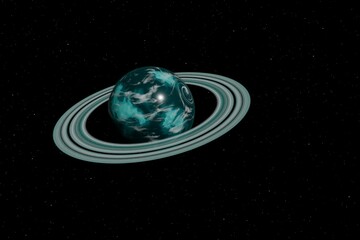 Fictional Ocean World with an Icy Ring, Turquoise Sci-Fi Planet with Clouds and Swirling Storms © Jerrish