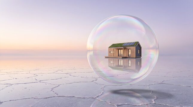 Tiny ecological wooden house with green roof and solar panels floating inside transparent soap bubble over salt flat landscape