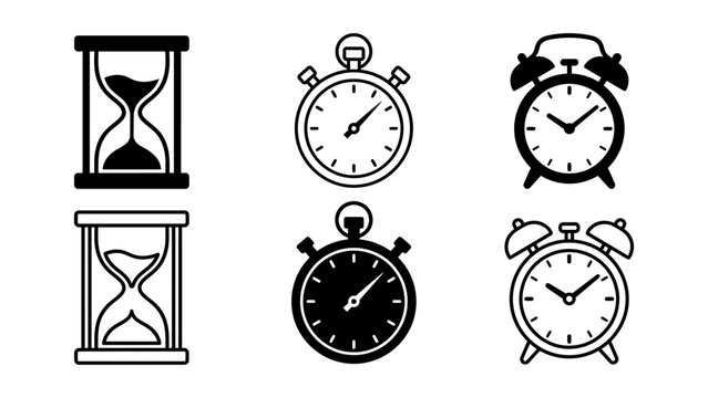 Classic timekeeping icons featuring hourglass analog clock stopwatch alarm in sleek and vector style icon symbols illustration time