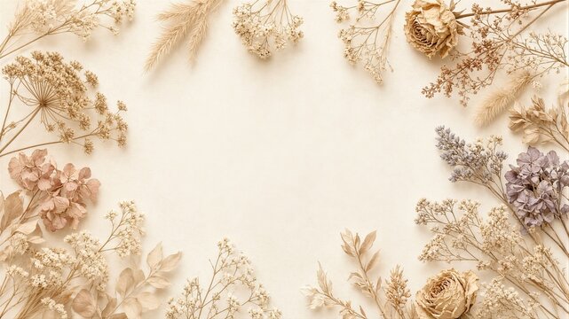 Dried blooms frame a soft, creamy background. Golden hues evoke gentle nostalgia and calm. Floral arrangement invites tranquility and gentle beauty. Perfect for minimalist designs, wedding invites