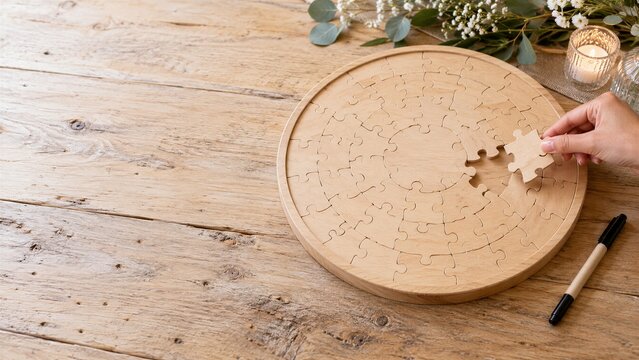 Hand placing last piece into circular wooden puzzle guestbook