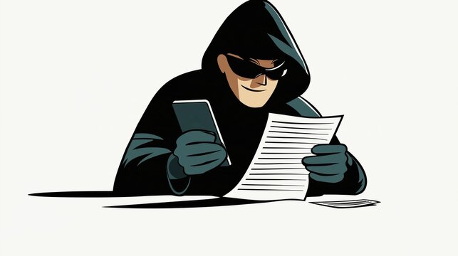 Illustration of a criminal holding a smartphone and a list, smiling sinisterly &ndash; representing telephone-based fraud and "pre-call" scams.