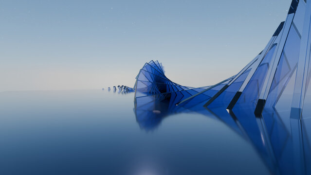 Futuristic Blue Glass Spiral Structure on Water