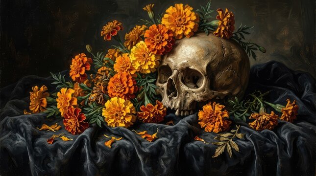 A vibrant and colorful depiction of dia de los muertos celebrating life and remembering loved ones who have passed on with marigolds