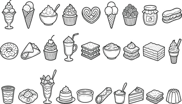 Sweet bakery desserts and ice cream confectionery doodle line icon set representing cafe menu pastry items