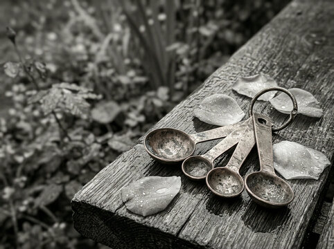 Monochrome graduated measuring spoons on a wet petal strewn wooden bench