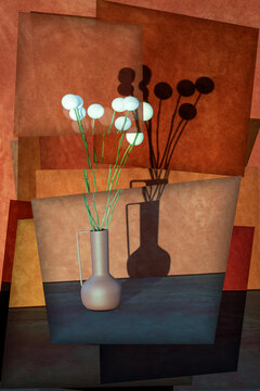 Abstract collage with a bouquet of white balloons and a shadow on a brown background.
