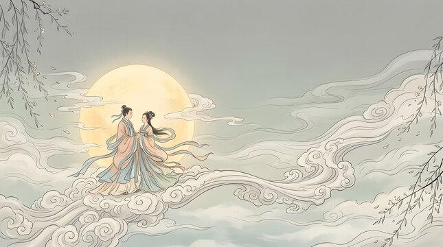 Traditional Chinese lovers standing on mystical floating clouds during bright full moon night in romantic ancient style artwork