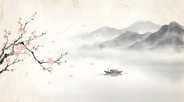 Traditional Asian watercolor landscape painting featuring blooming cherry blossom branches softly drifting across misty mountains and serene waters