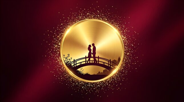 Romantic silhouette of young loving couple standing together on arch bridge inside glowing golden circle frame design