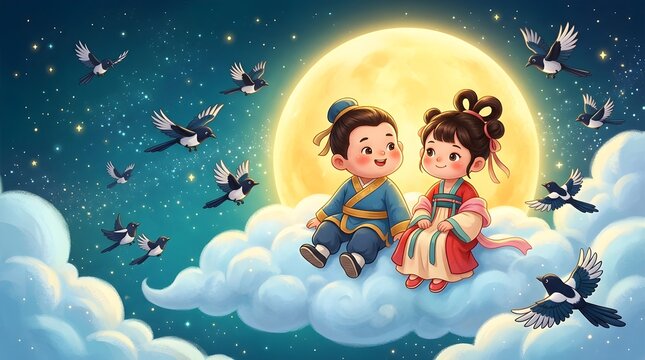Cute oriental boy and girl wearing traditional clothing sitting together on soft clouds surrounded by glowing full moon and flying magpies