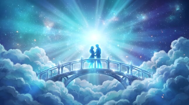 Glowing magical romantic couple standing on ancient stone bridge surrounded by fluffy clouds under starry cosmic blue sky
